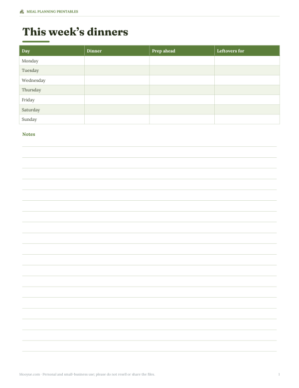 Preview of Printable Weekly Dinner Plan Sheet