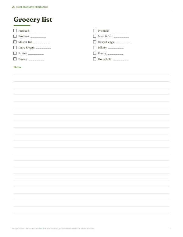 Preview of Printable Grocery List